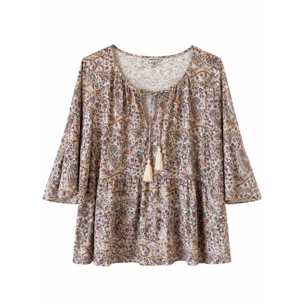 Frye and Co Womens Paisley Floral Boho Peasant Blouse Top Tassel Tie XXL